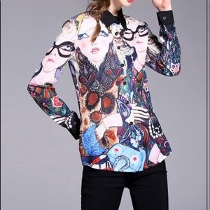 Trendy Vibrant Portrait Print Button-Up